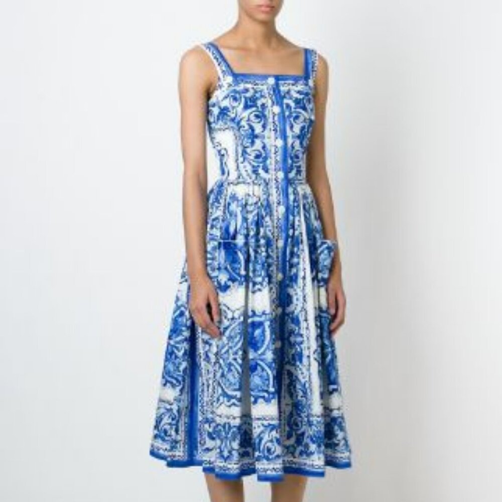 Blue Tile Print Majolica Dress 100% silk